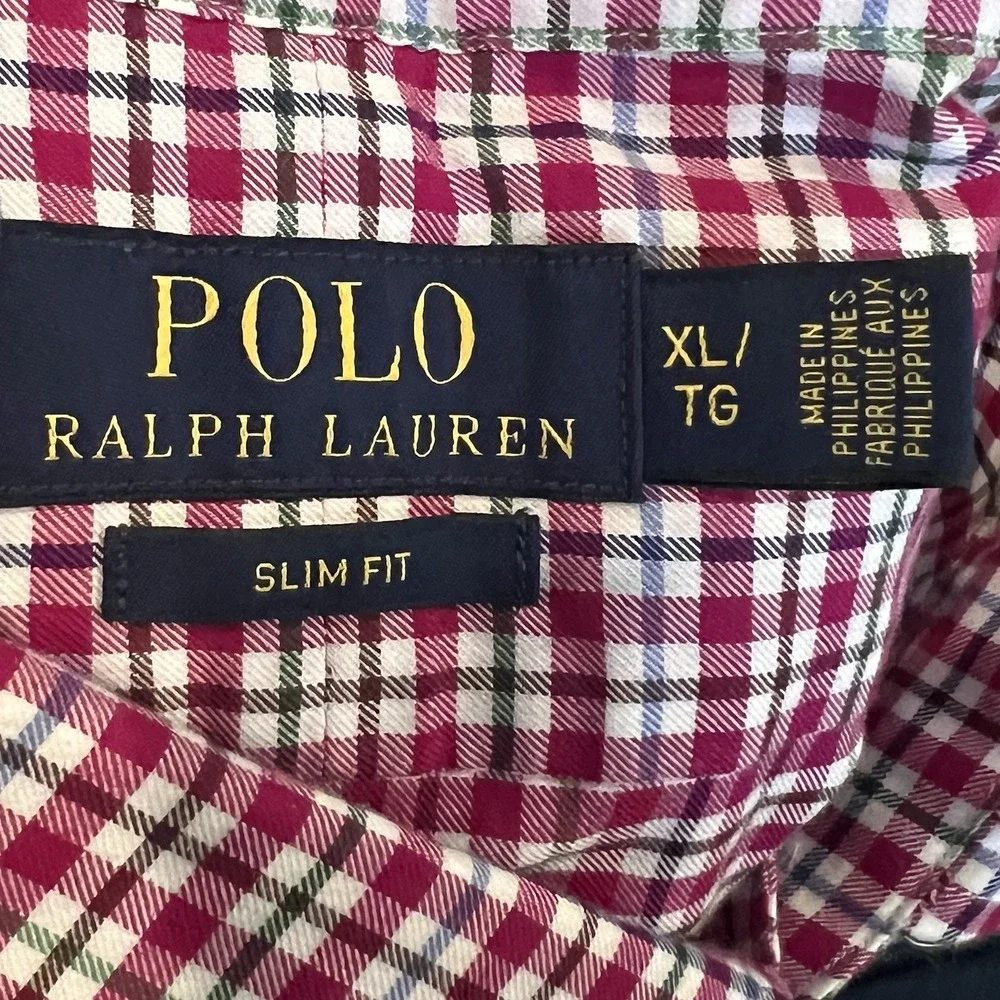 Polo Ralph Lauren Men's XL/TG Dark Pink Plaid Slim‎ Fit Long Sleeve Blue Pony